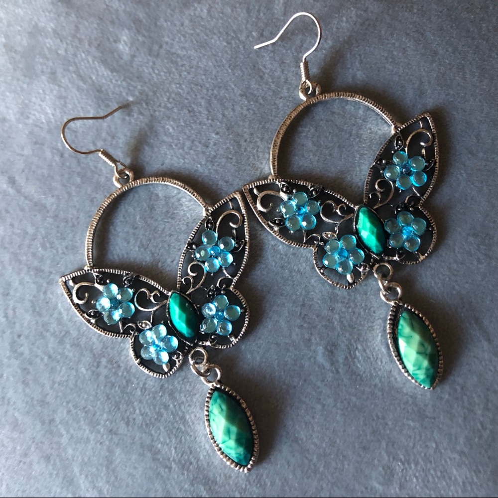 Teal Turquoise Butterfly Earrings Silver Tone Long